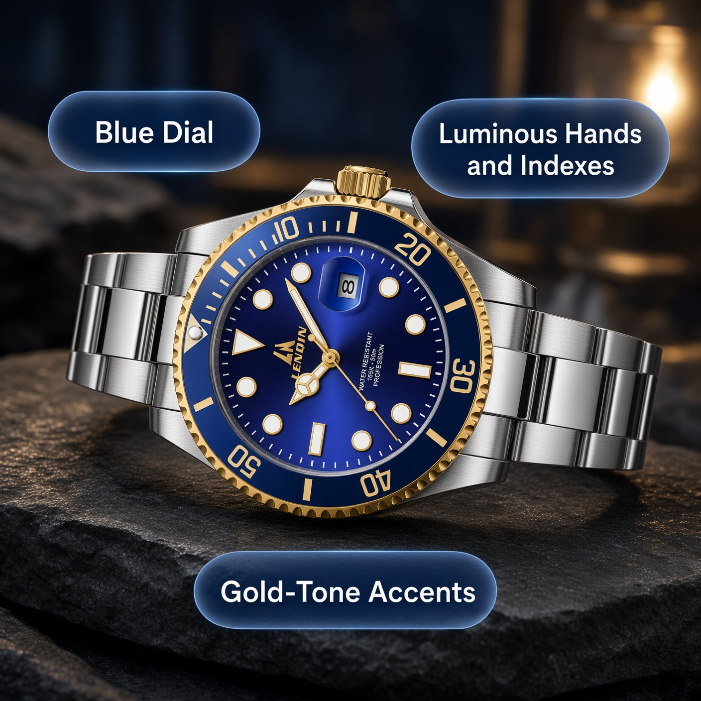 LN LENQIN Mens Analog Quartz Watch 39mm Silver Gold Blue Steel Bracelet Date 50m