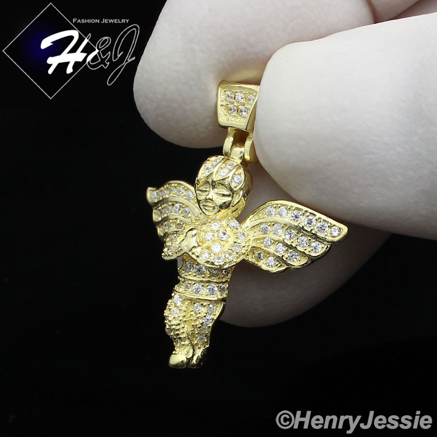 925 STERLING SILVER 18-30″X2MM GOLD PLATED MOON CUT CHAIN CZ ANGEL PENDANT*GP95