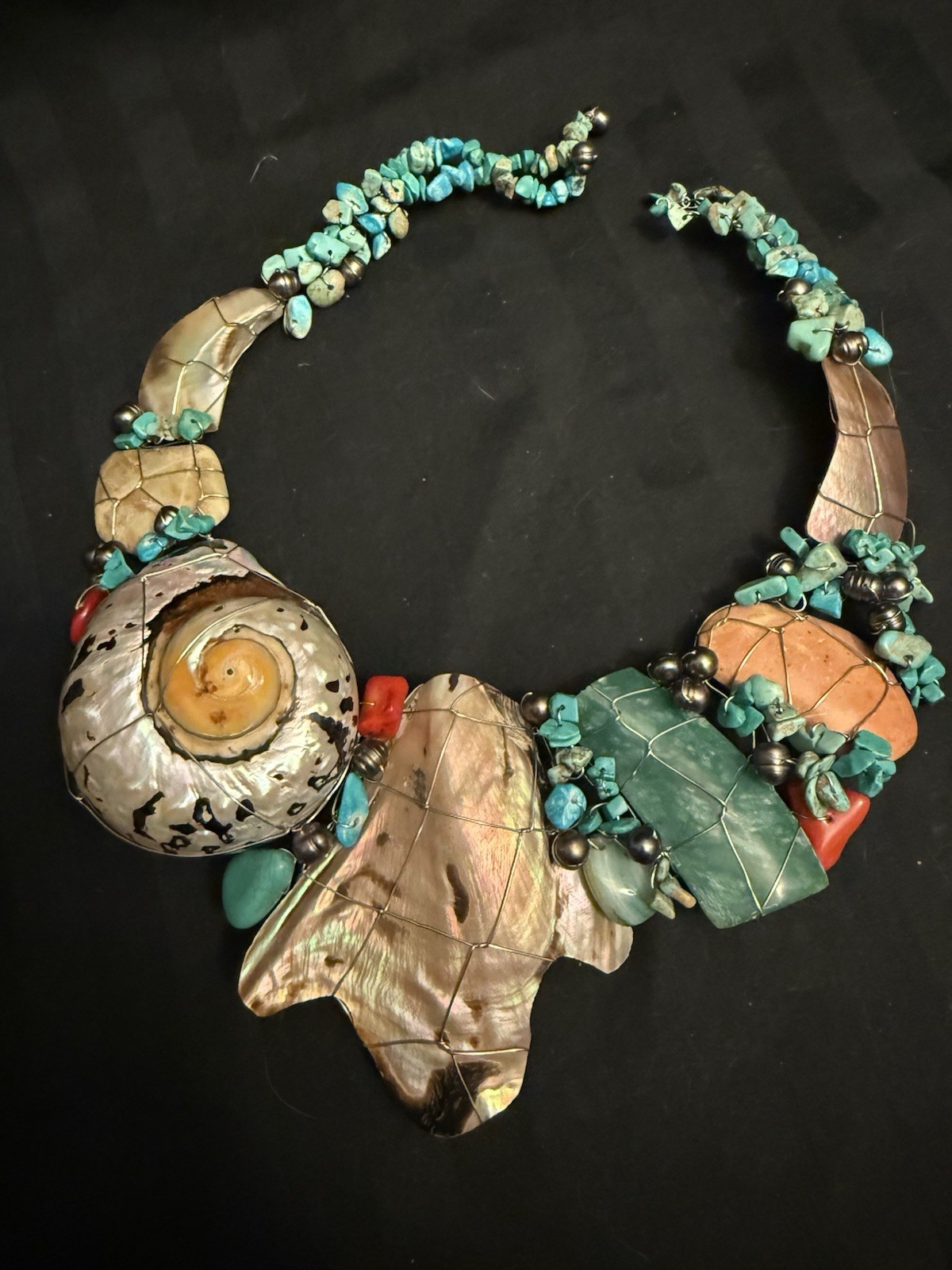Nautilus Abalone Shell Turquoise & Beads Wire Wrapped Artisan Choker Necklace