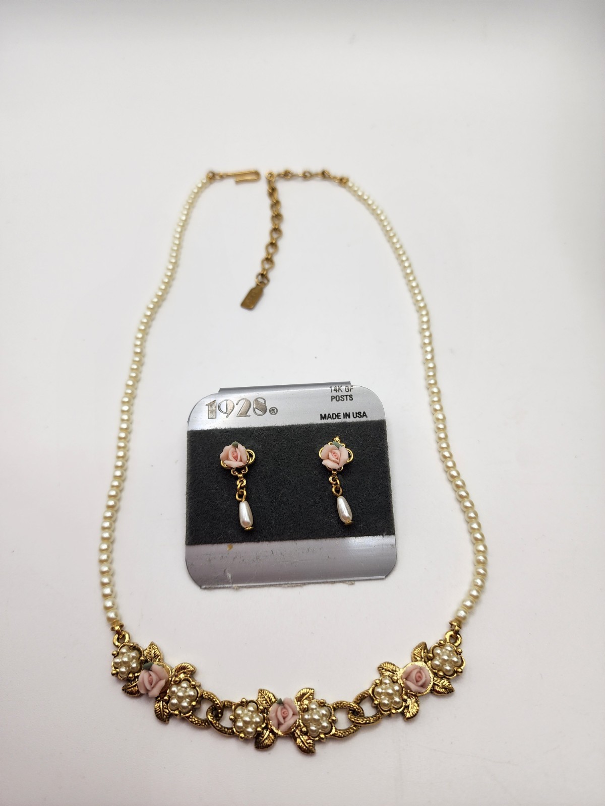 1928 Vintage Porcelain Rose Pearl Choker Necklace Earrings Set Victorian Revival