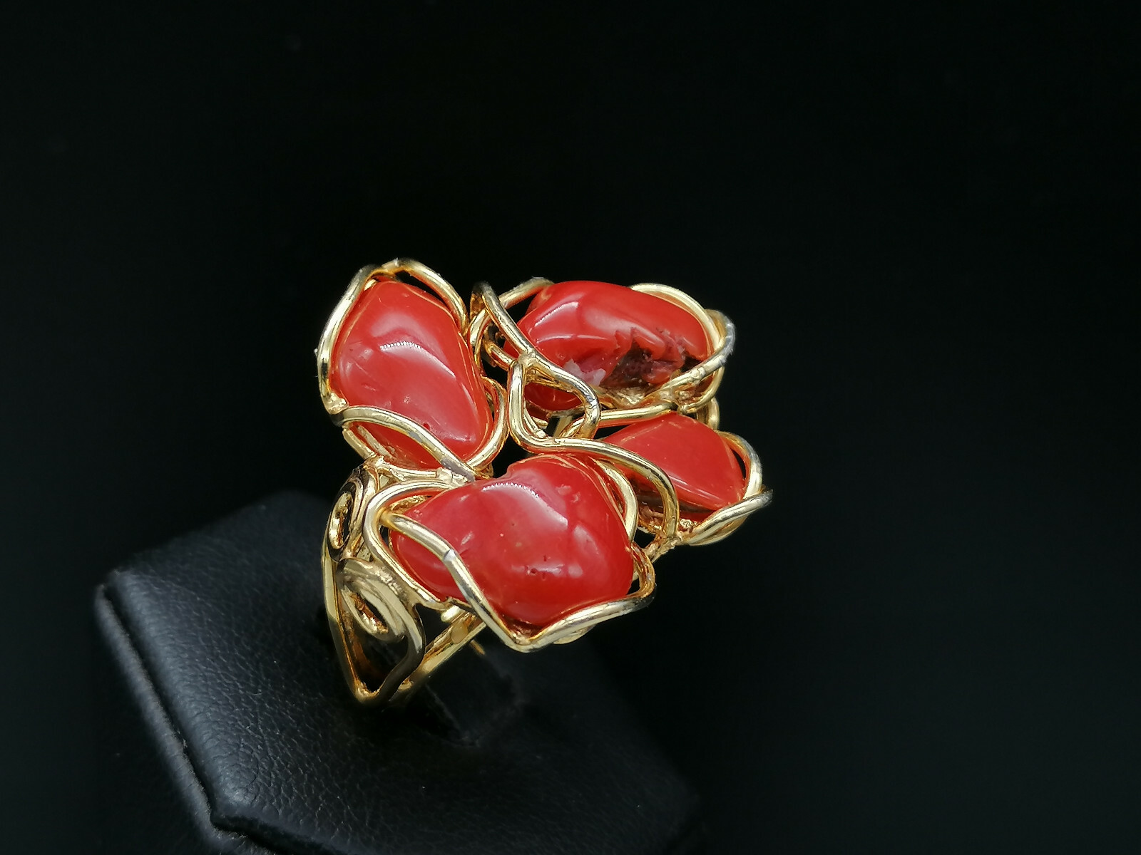 Genuine Sardinian Red Coral 925 Silver Gold Plated Adjustable Women Ring