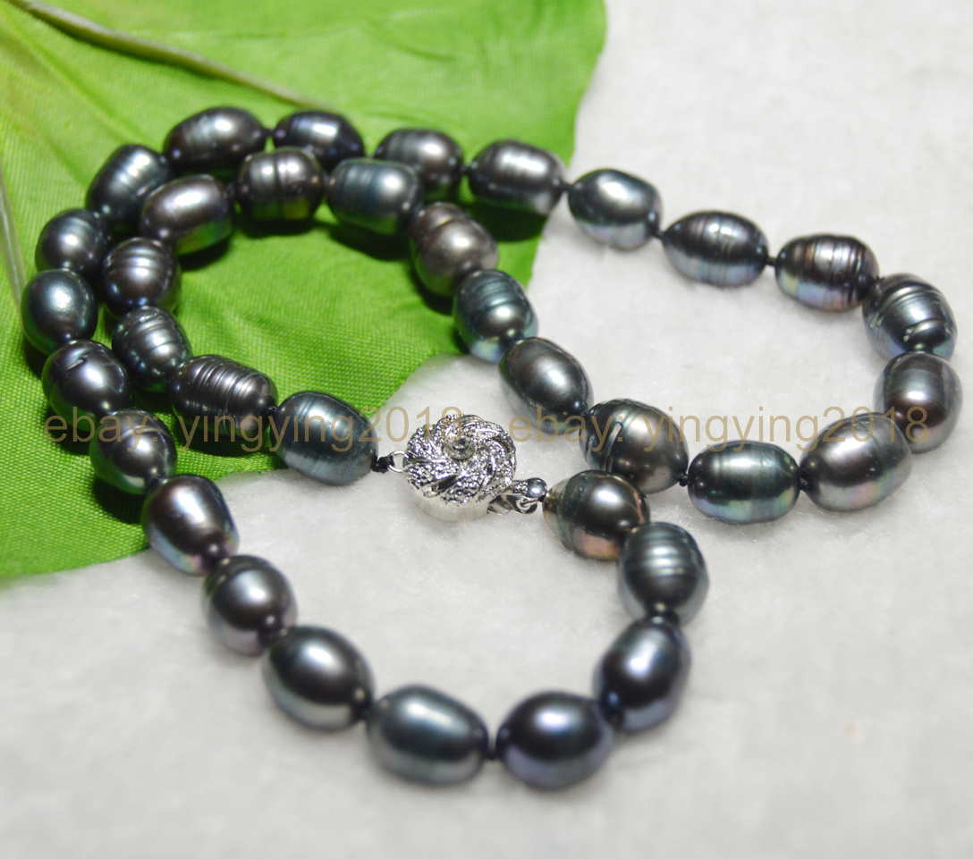 Long 20 inches NATURAL 10-11MM RICE BAROQUE BLACK FRESHWATER PEARL NECKLACES