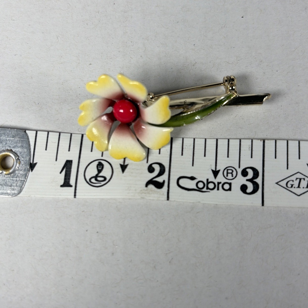 Vintage Enamel Yellow Red Green Flower Brooch Unsigned