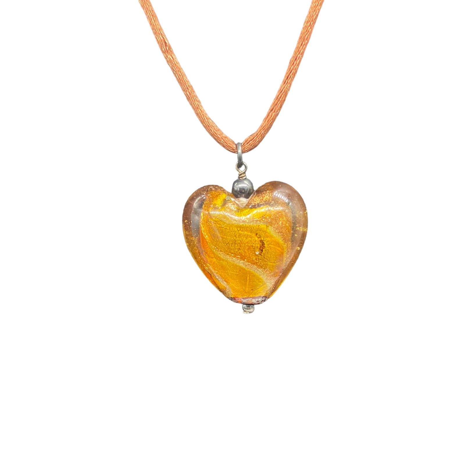 925 Sterling Silver Heart Pendant Cord Necklace Orange 18 to 20 Inches
