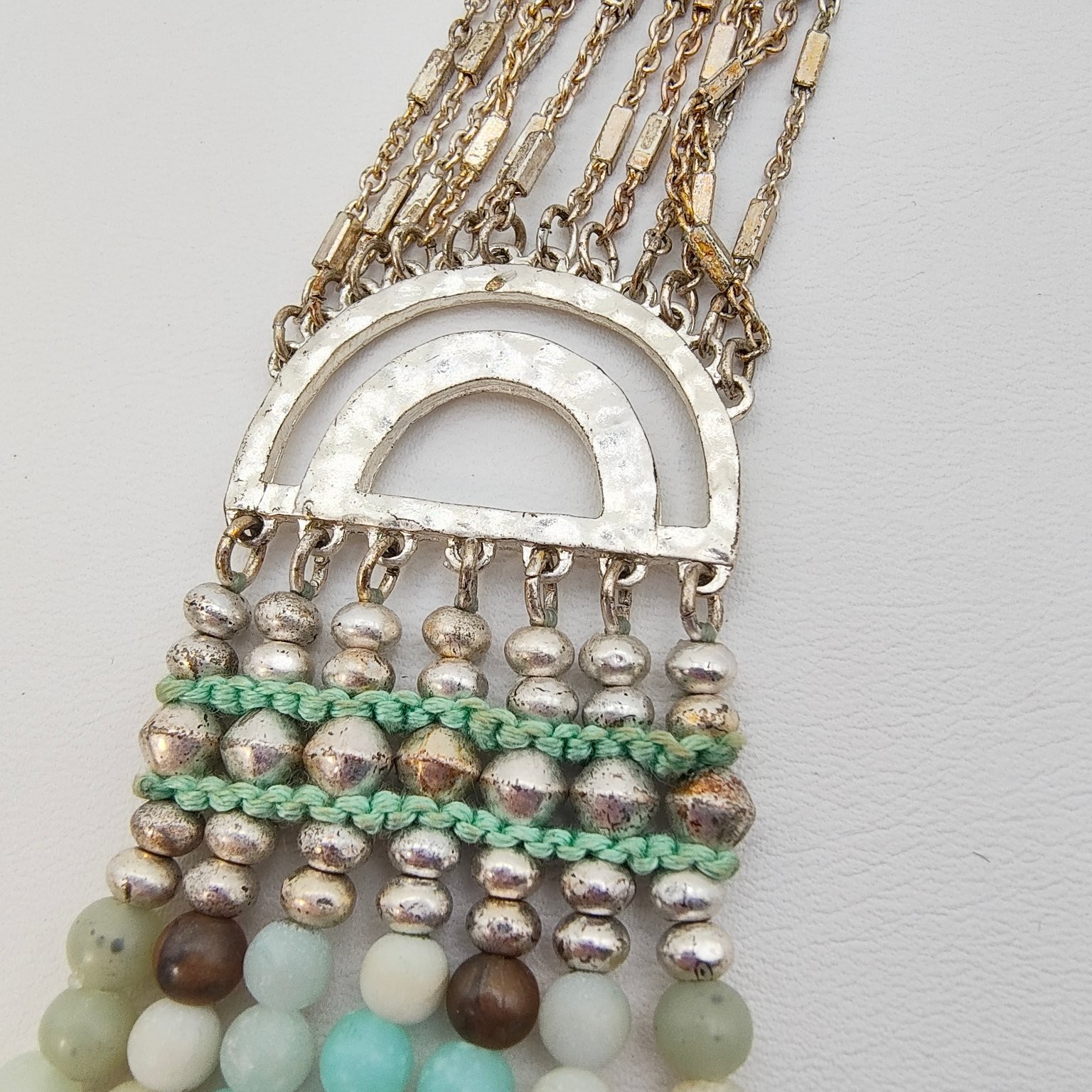 Boho Multi-Strand Beaded Necklace 18″ Amazonite Jasper Silver Tone Statement