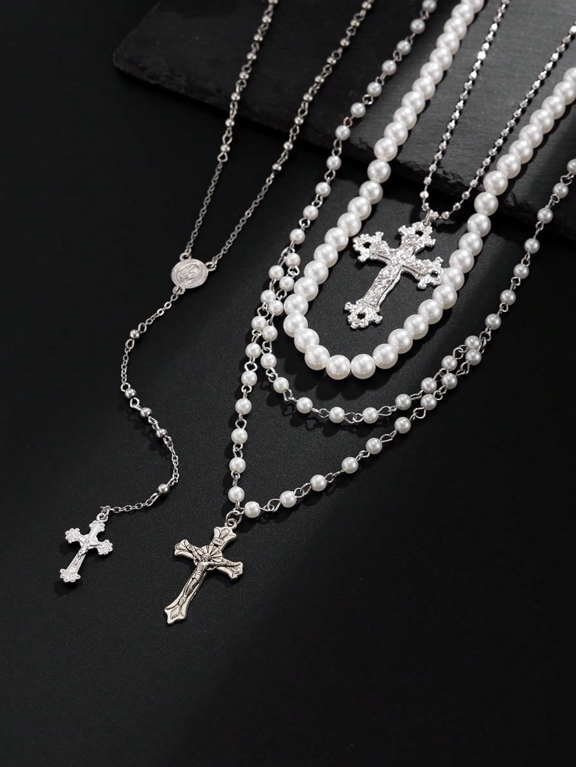Silver Layered Cross Necklace Set for Women, 4Pcs Pearl Rosary Choker Chunky Chr