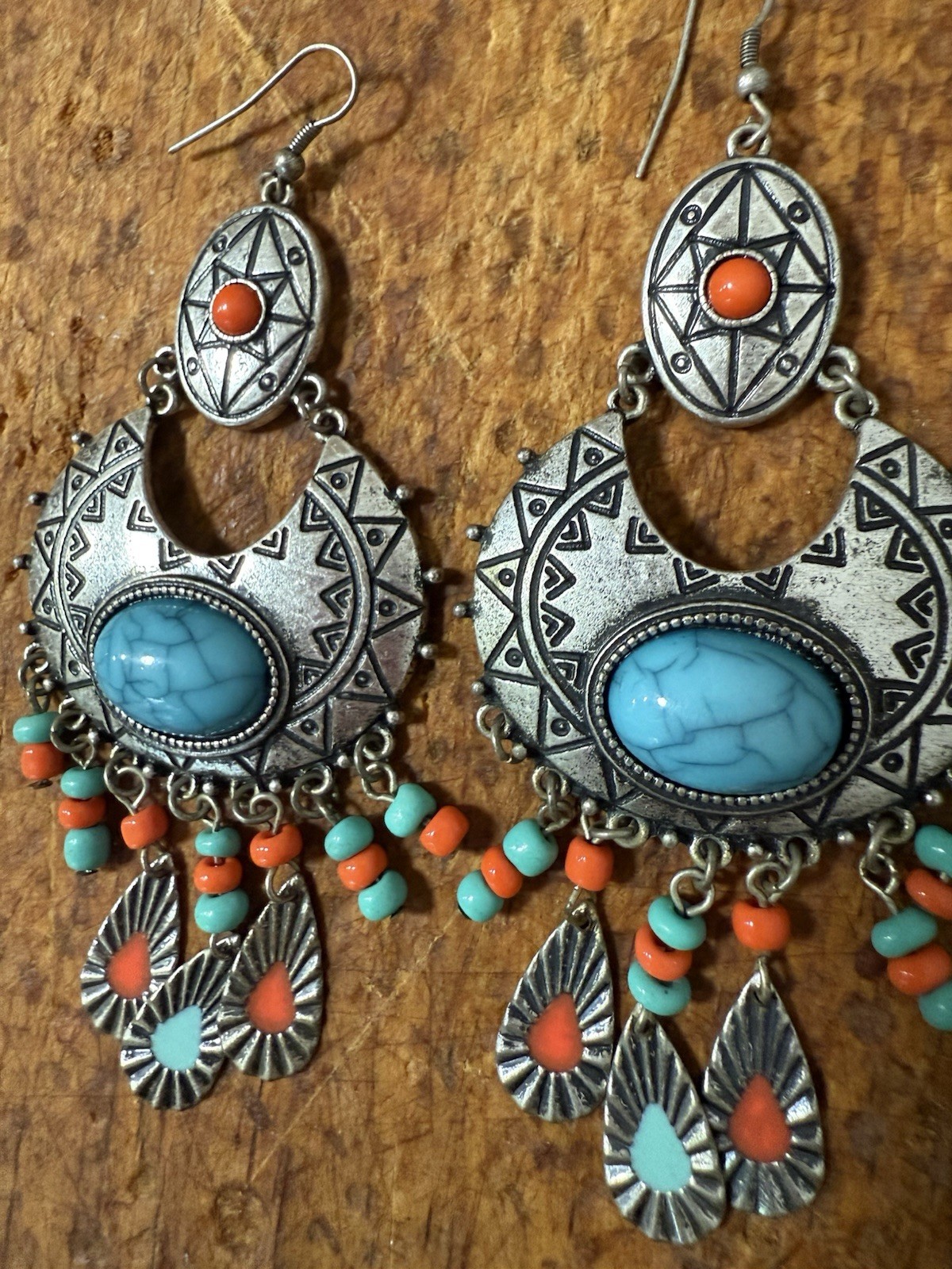 Silver Tone Etched Crescent Dangle Hook Earrings Turquoise Blue & Orange Beads