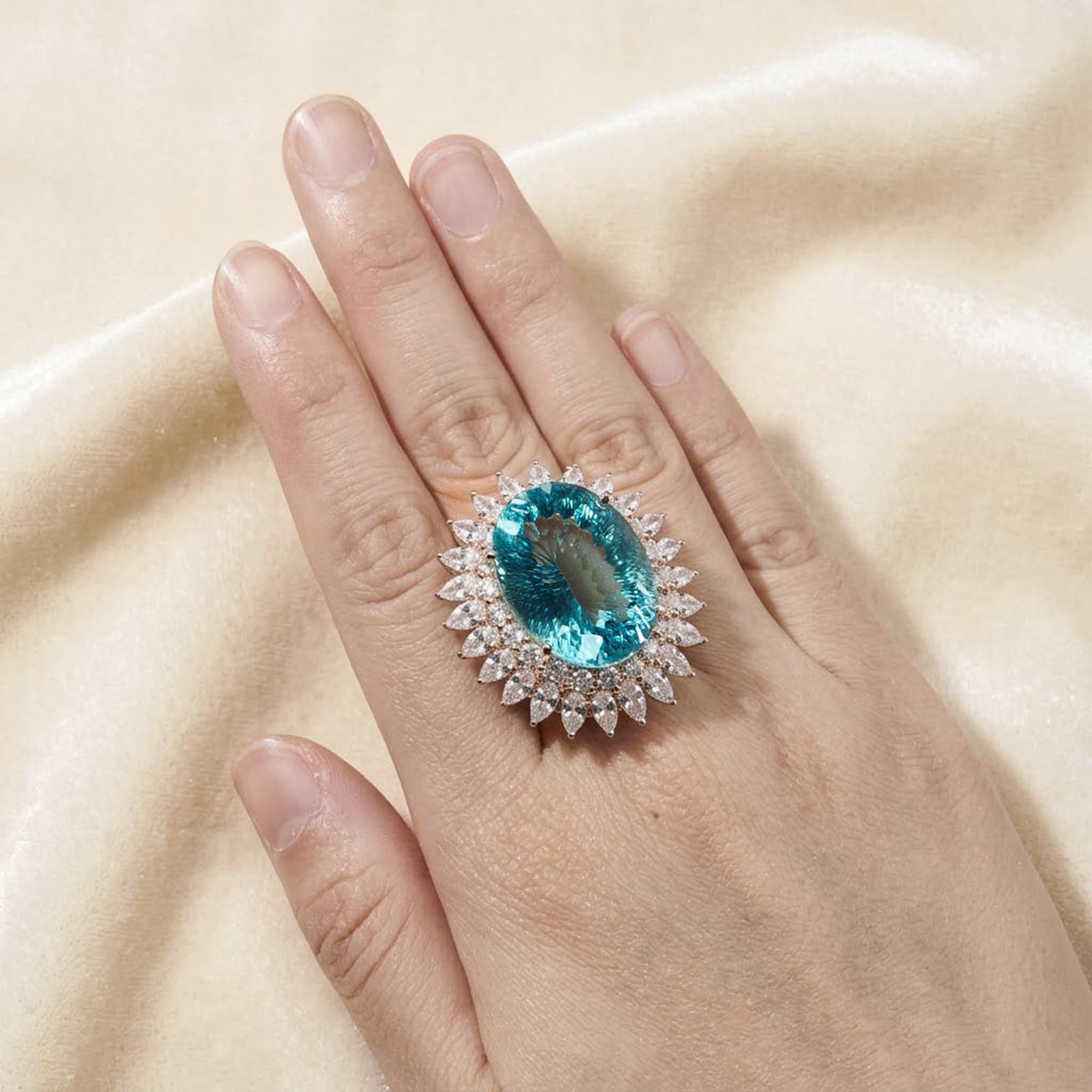 Charming Sea Blue Aquamarine Concave 26.75Ct 925 Sterling Silver Rose Gold Rings