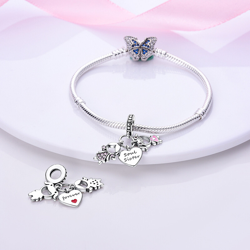 MULA Original Sisters Love Pendant DIY Charm CZ Fit Bracelet 925 Silver Plated