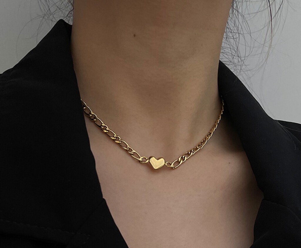 Women Heart Mariner Chain Titanium Stainless Steel Pendant Choker Necklace 14-16