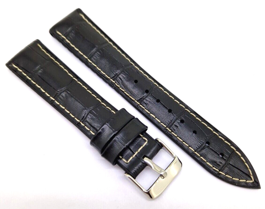 Black Waterproof White Stitched Bracelet 20mm Rubber + Leather / 26