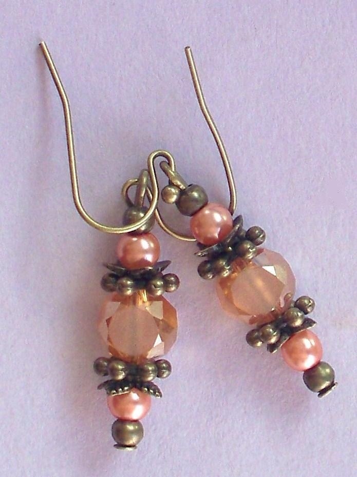 APRICOT Frosted CRYSTAL orange GLASS PEARL earring BRONZE french hook