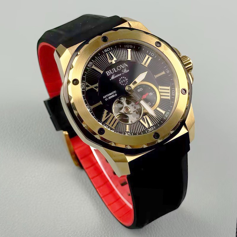 Bulova 98A272 Marine Star Automatic Men’s Watch Black Gold Dial Rubber Strap