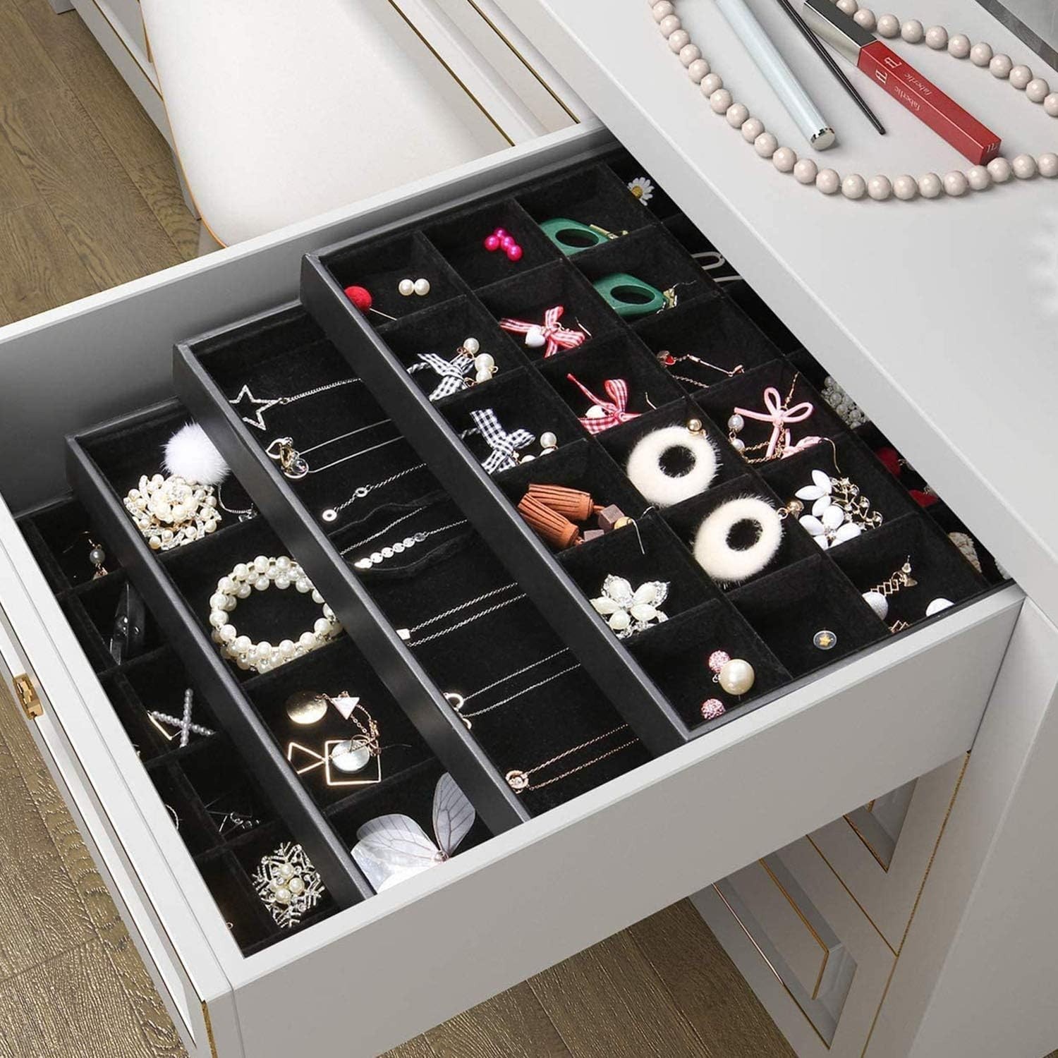Black Velvet Stackable 24 Grid Jewelry Tray Showcase Display Organizer Holder…