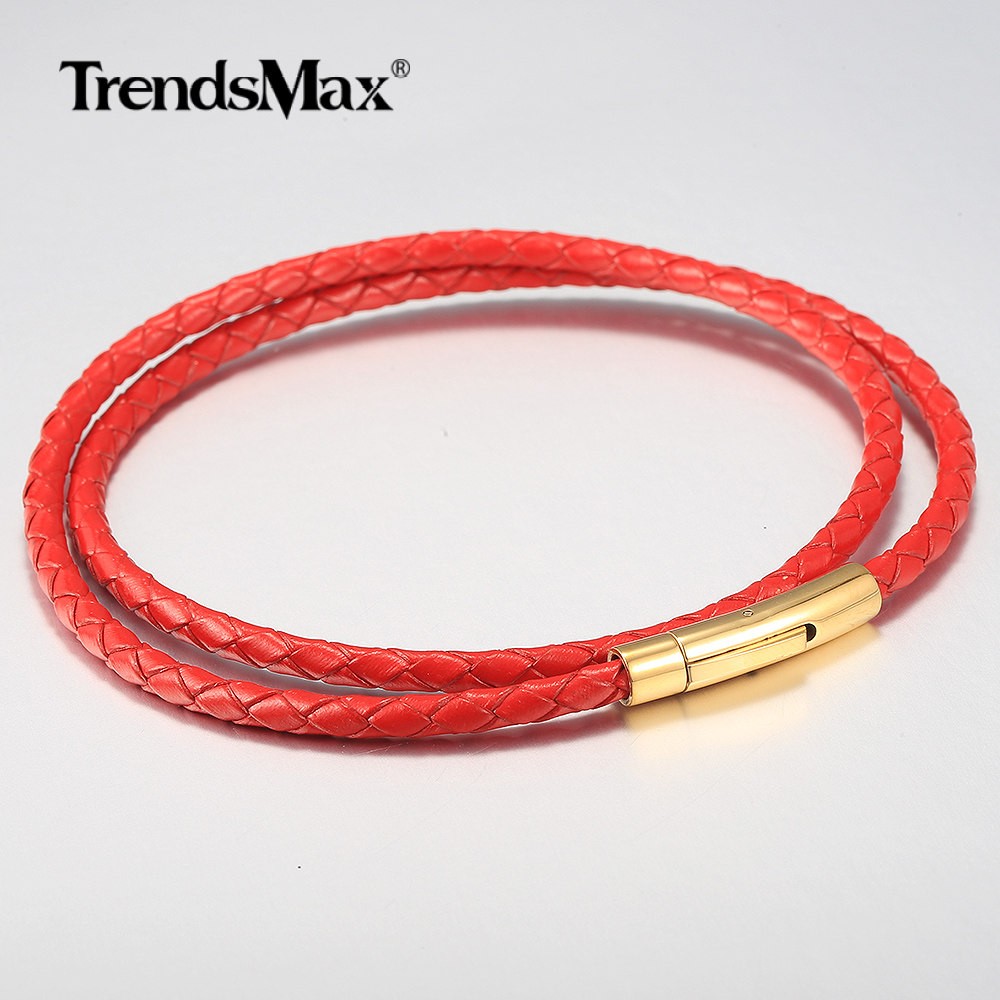 4mm Red Leather Rope Necklace Choker Gold Plated Stainless Steel Push Lock New