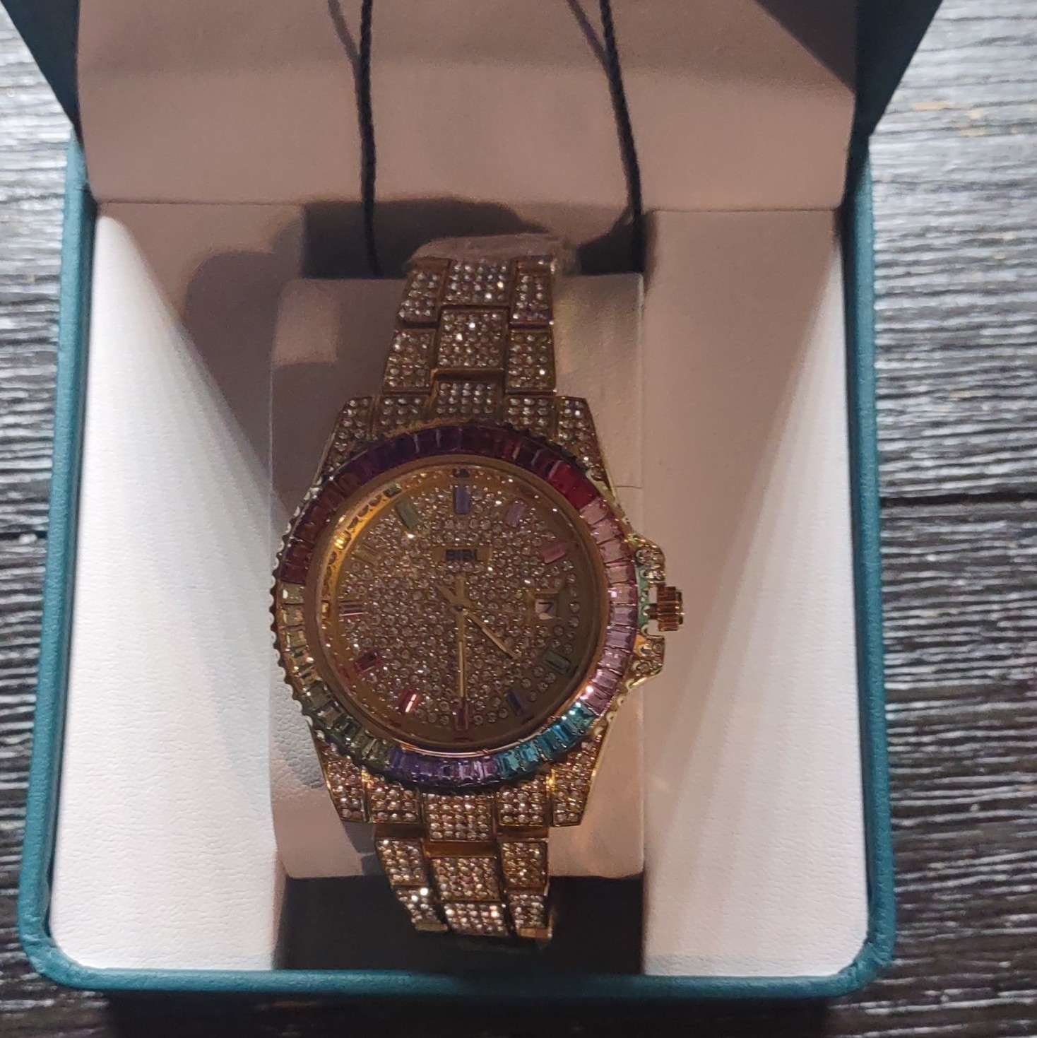 BIBI Luxury Watch Gold Tone Quartz Analog Rainbow Bezel Bracelet w/ Box