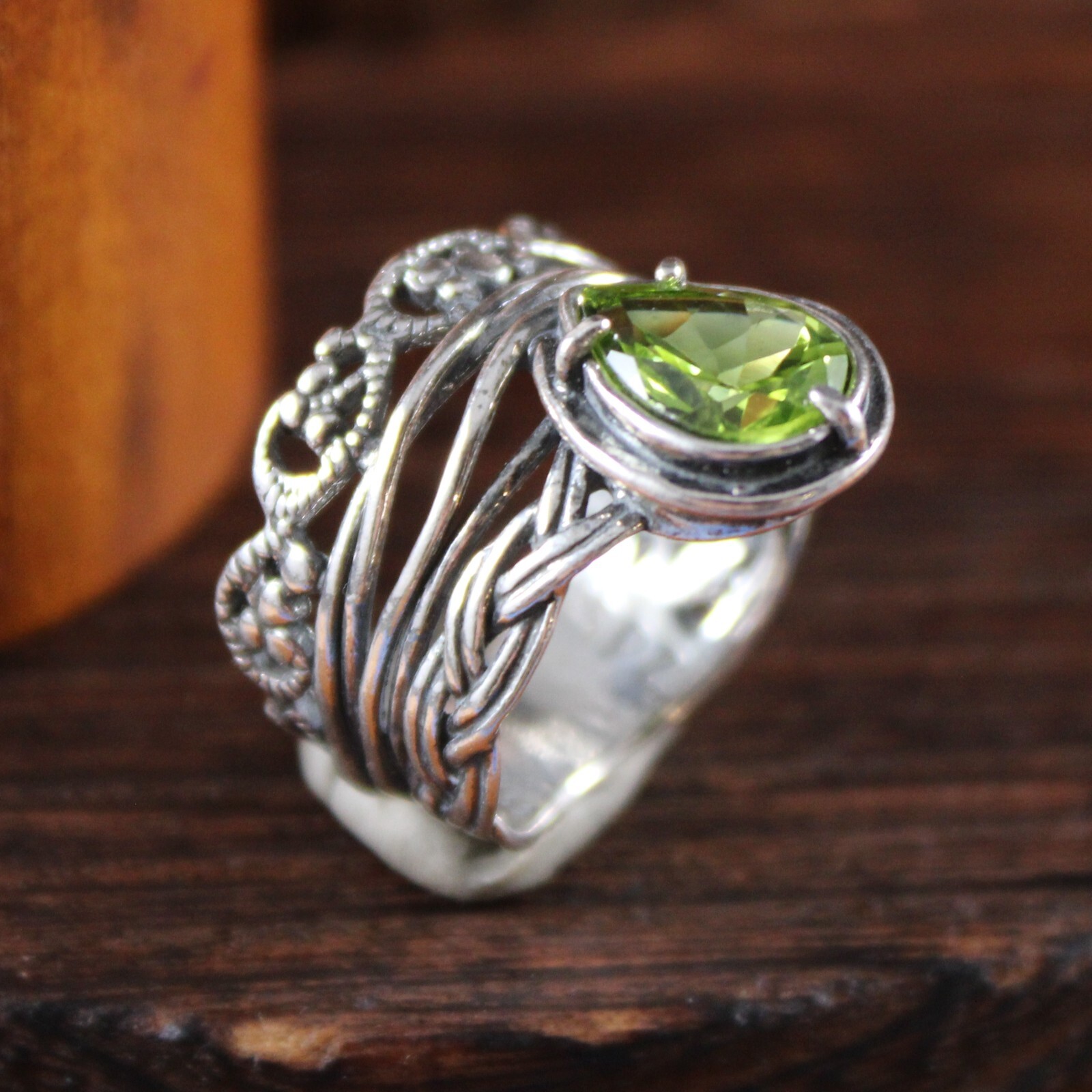 PAZ Creations Pear Shaped Peridot Ring Sterling Silver Size 7.25 PZ ISRAEL