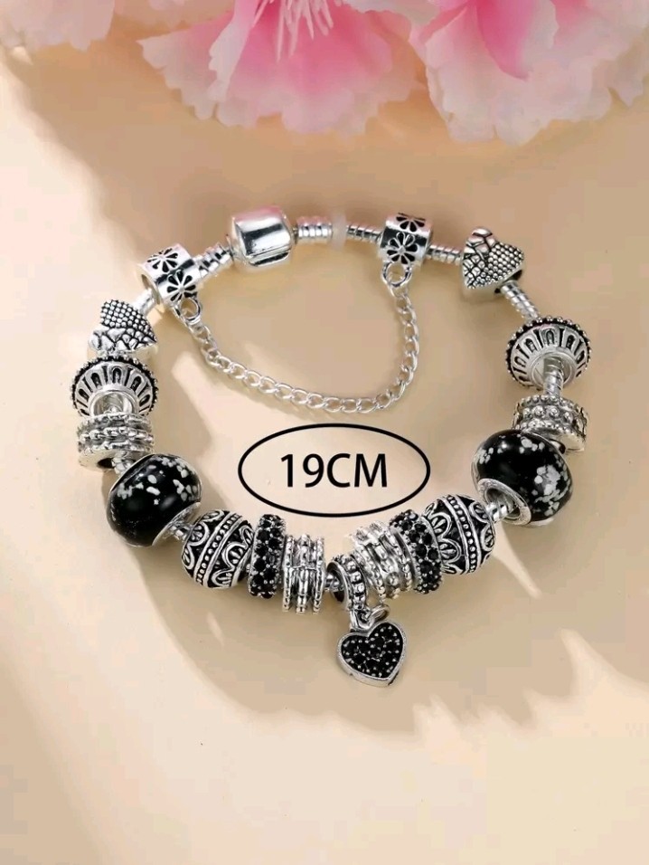 Silver-Plated Zinc Heart Charm Black Beaded Bracelet