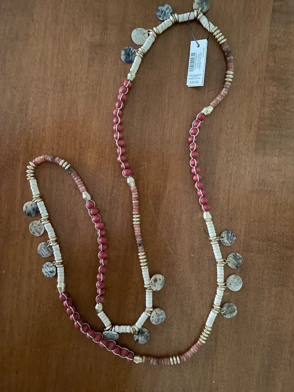 Chico’s Beaded Necklace with round metal adornments 24″ NWT
