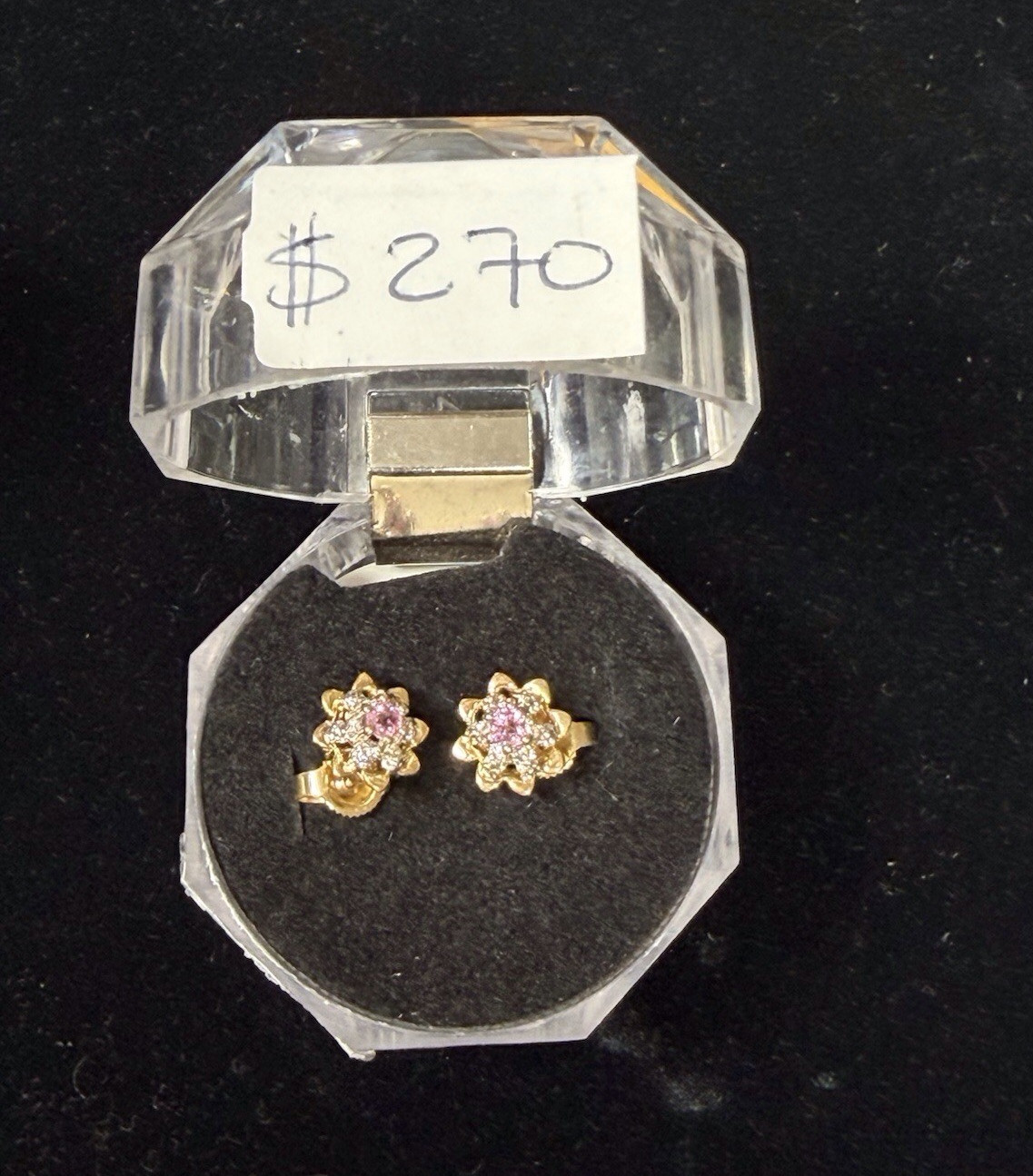 10k Yellow Gold Flower Cluster Stud Earrings Pink Assorted Gemstones