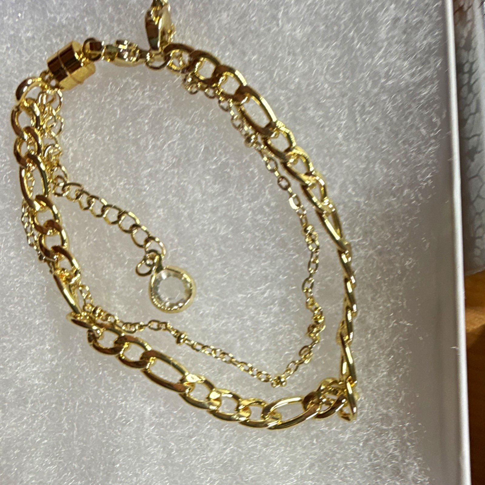 Gold Tone Metal Figaro Chain Bracelet Adjustable Lobster Clasp Crystal Charm