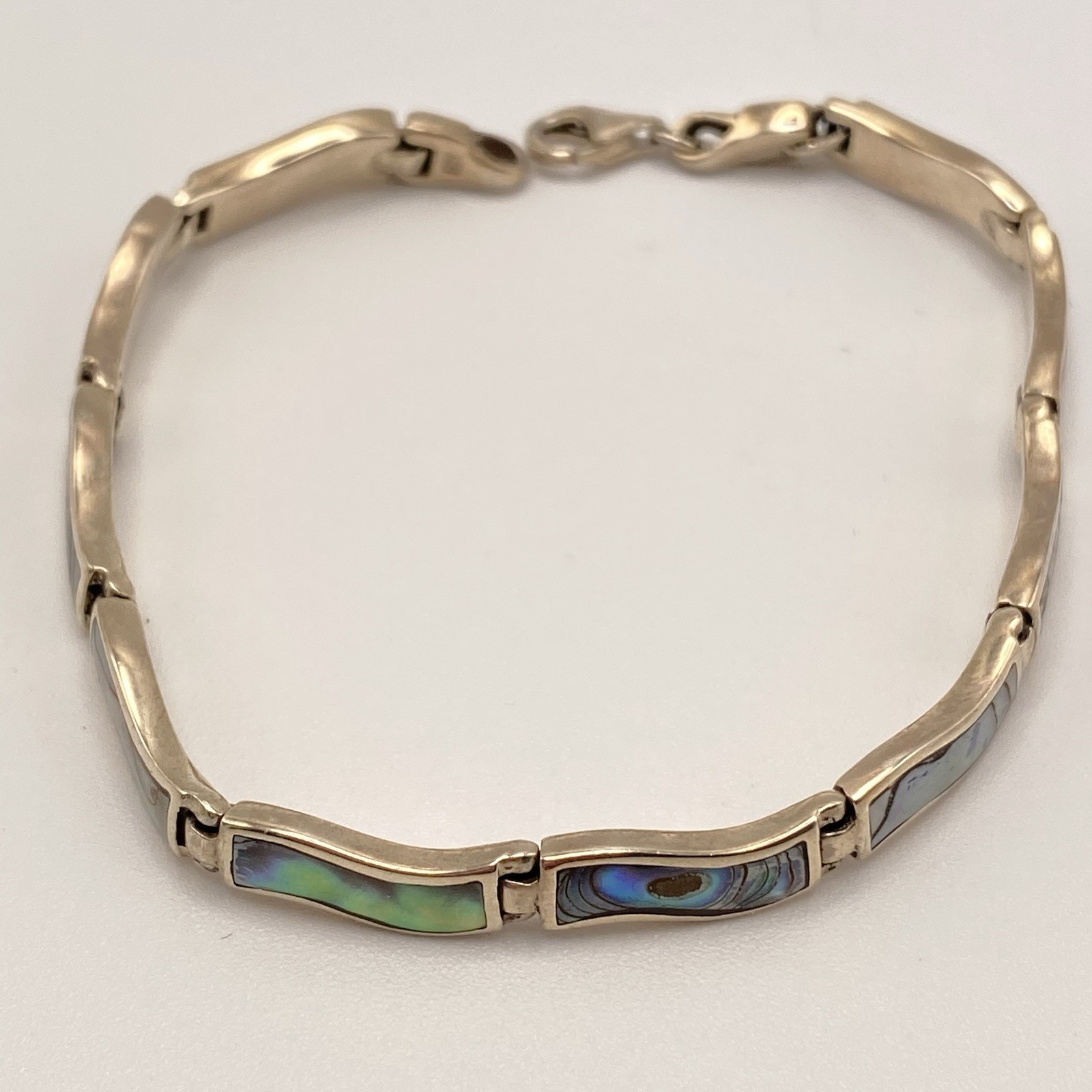 925 Sterling Silver Bracelet Blue Green Abalone Shell Inlay Wavy Link Vtg 7.25”