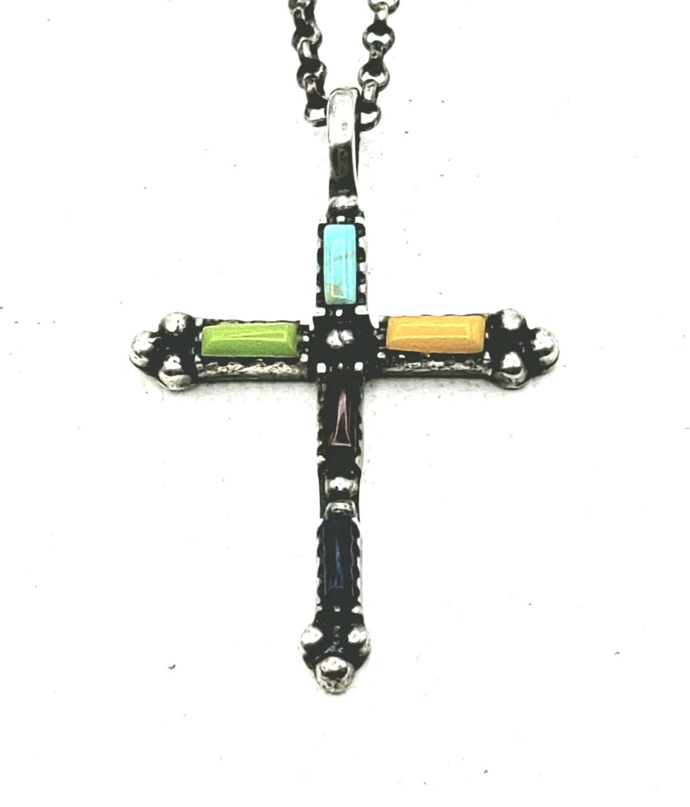 Sterling Silver Cross Pendant Multi-colored Stone Inlays On 20″ Long Chain