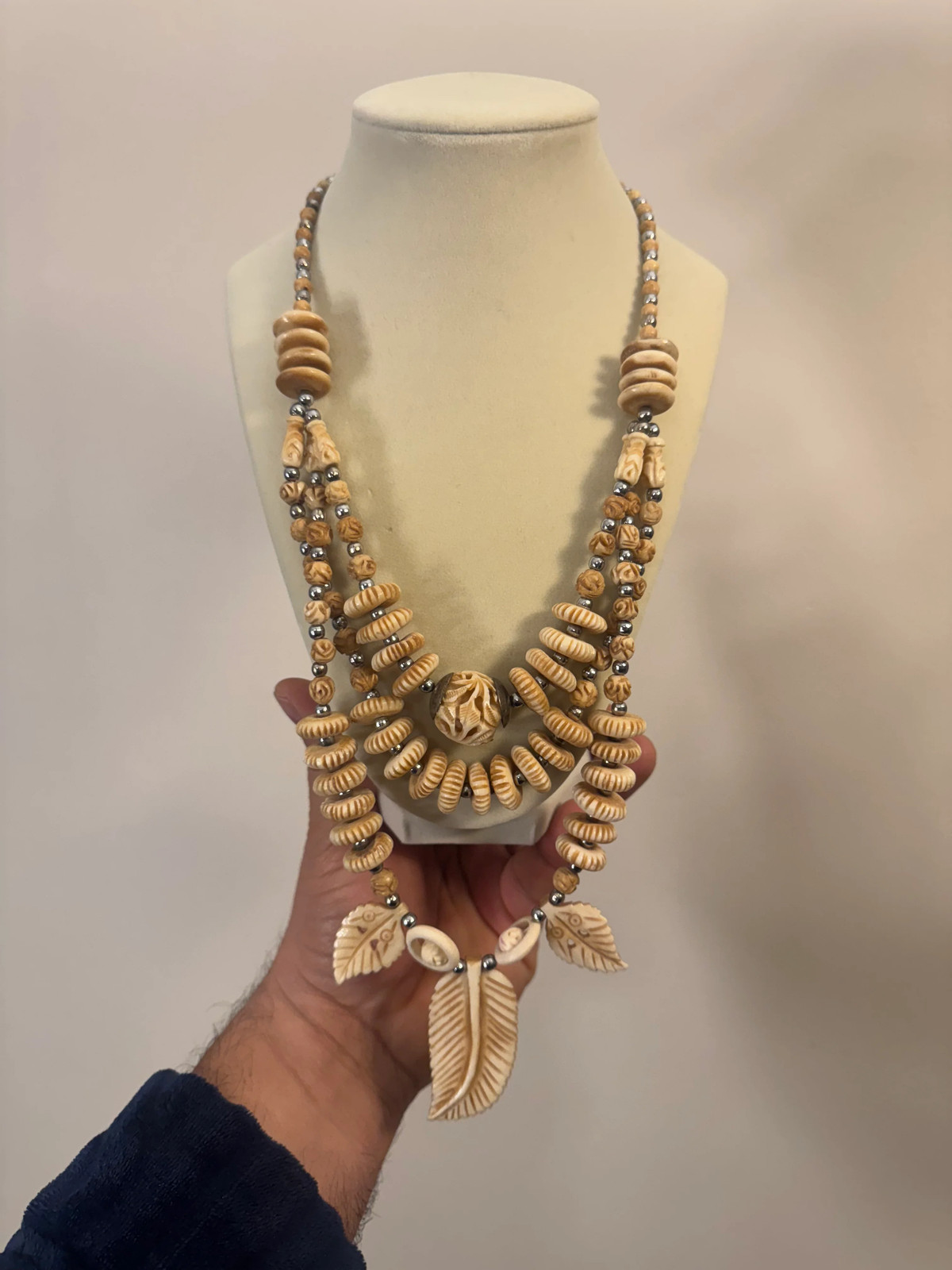 Vintage Multi Strand Carved Bone Necklace
