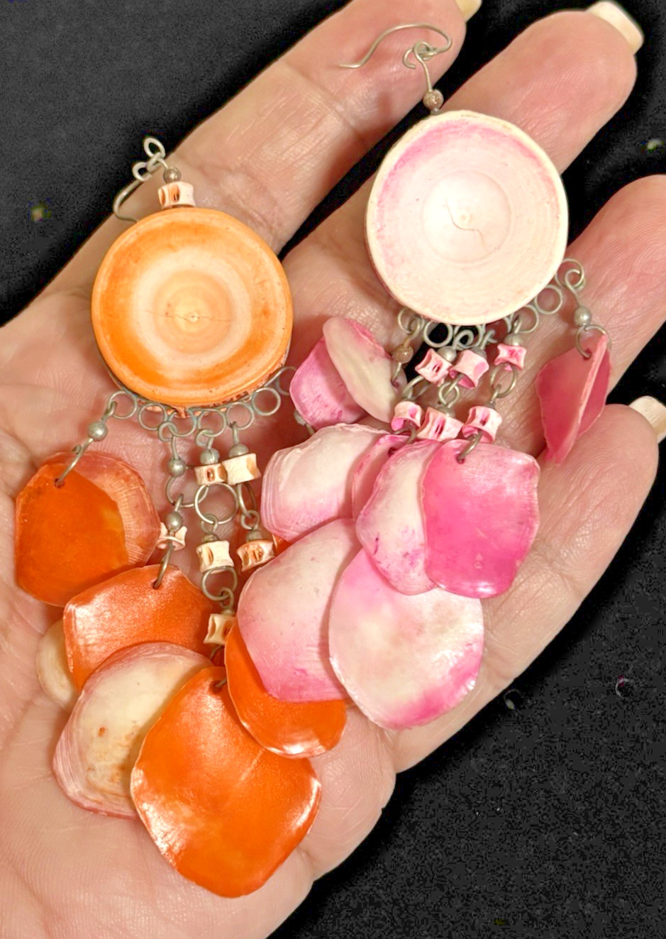Shell Dangle Disc Fringe Hippie Boho Pink/Orange Silver Tone Earrings 3.75in