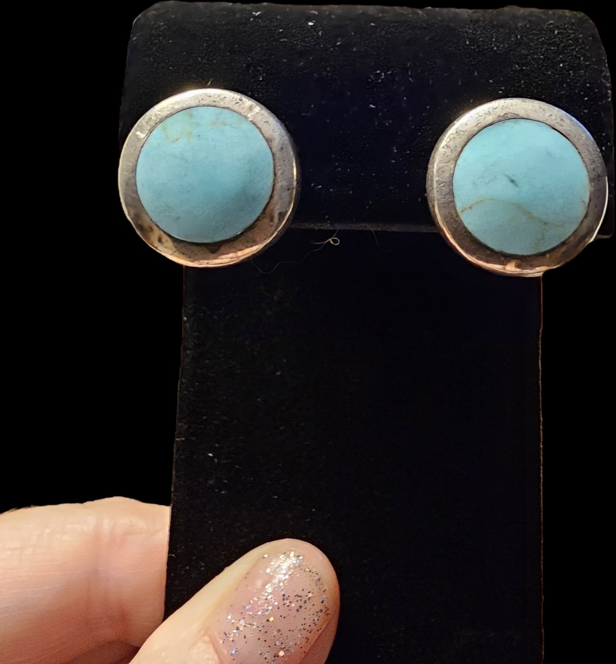 925 Sterling Silver Round Blue Turquoise Bezel Stud Earrings Butterfly Signed