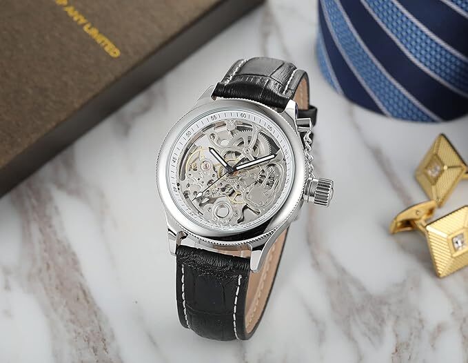Automatic Mechanical Men Watch Silver Skeleton Transparent Dial Leather Band