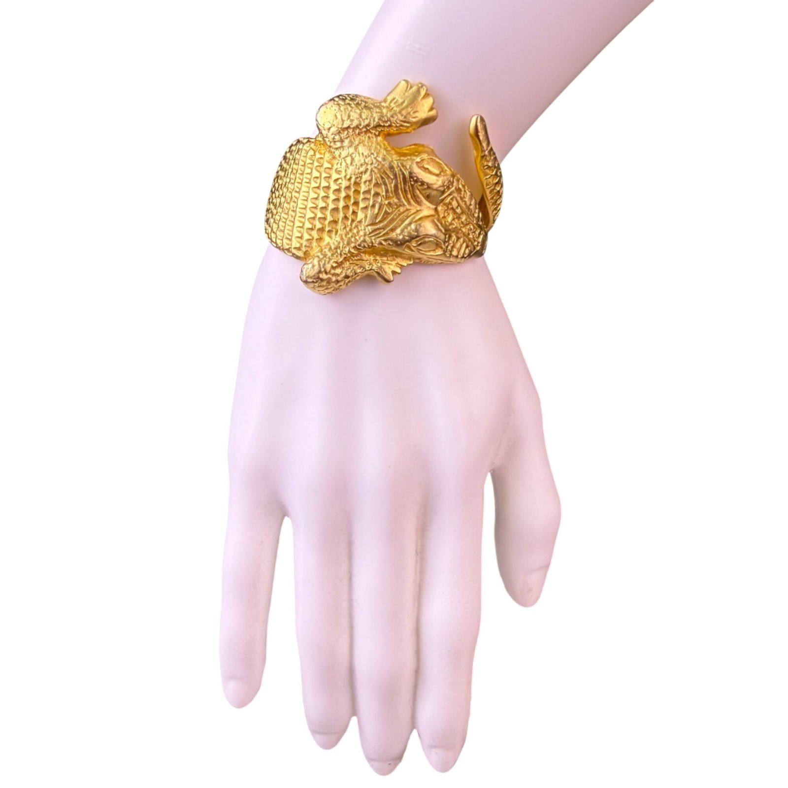 70s & 80s Kenneth Jay Lane Gold Tone Cuff Bracelet Alligator Textured Vintage