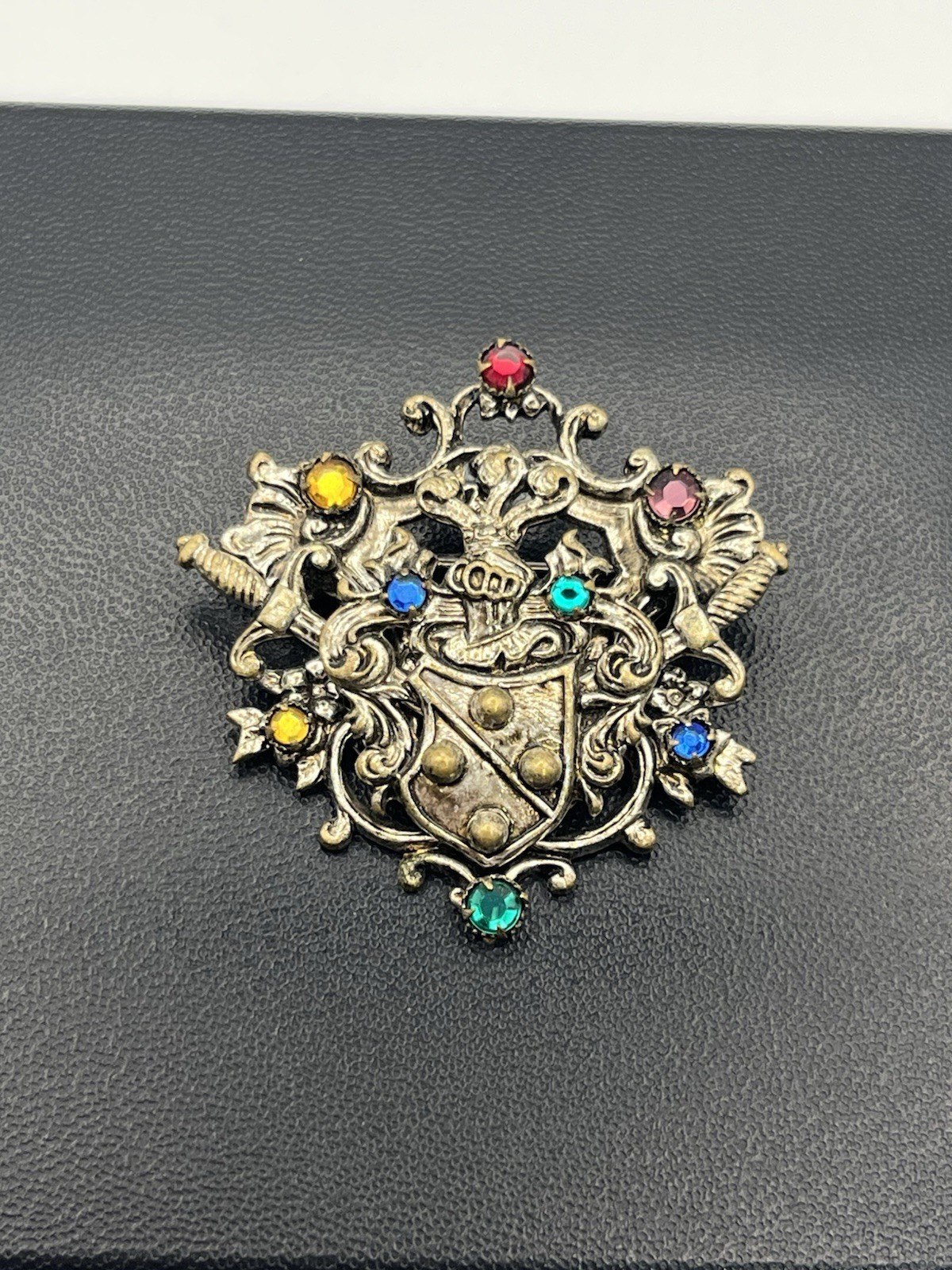 Coat of Arms Family Crest Colored Rhinestone CZECH SLOVAKIA Vintage Brooch pin