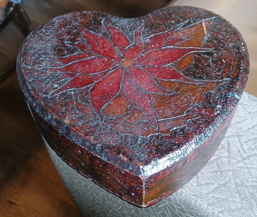Antique Heart Shaped Wooden Keepsake Trinket Jewelry Box