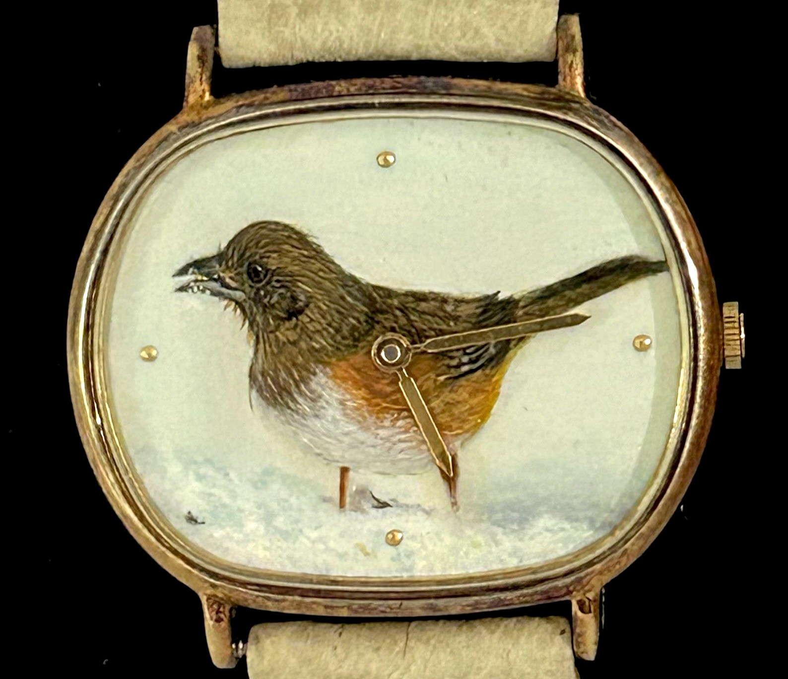 VTG Watch Hand Painted Robin Bird in Snow Artwork Dial Beige Leather New Battery