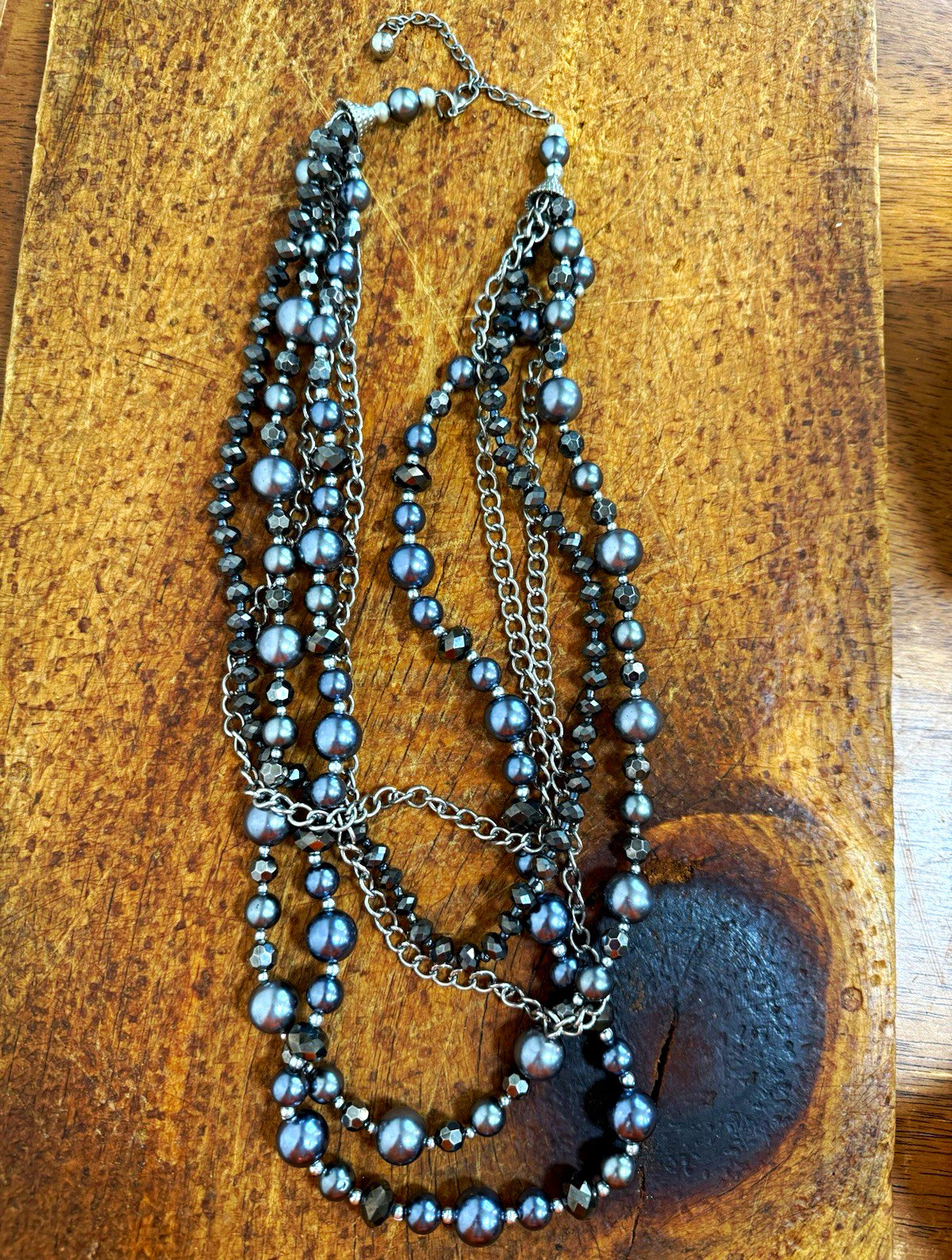 Gray Layered Faux Pearl & Crystal Beaded Cable Chain Necklace Lobster Clasp