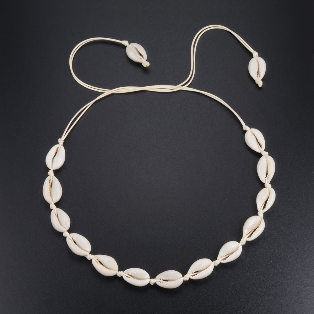 Cowrie Shell Choker Boho White String Necklace Surfer Beach Conch Puka, Hawaiian