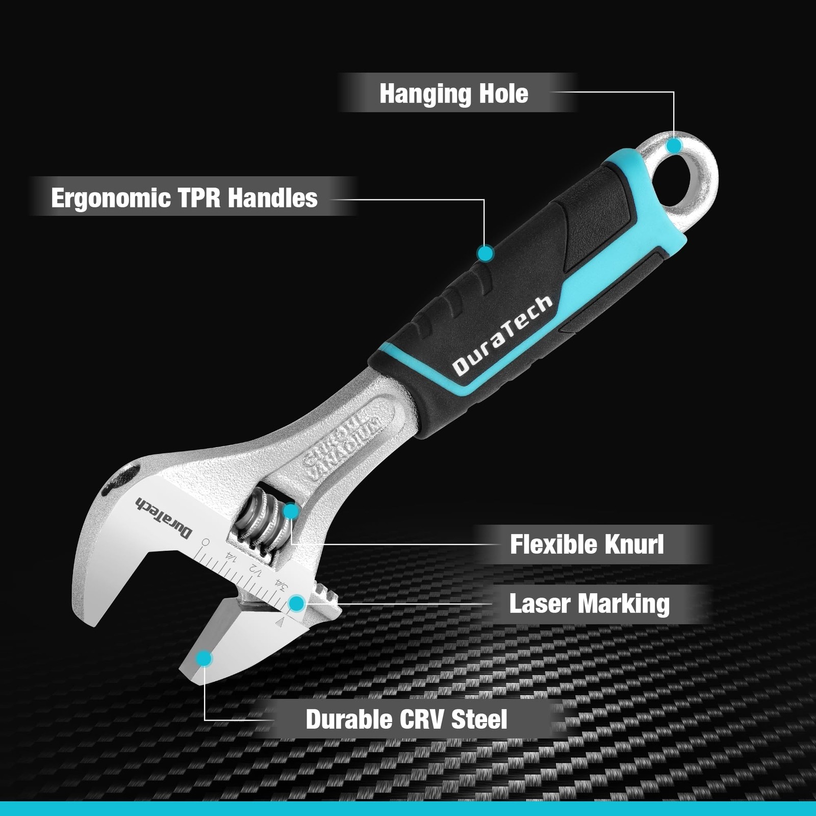 DURATECH 6-Inch Adjustable Cr-V Steel Wrench, Wide Jaw 6 inch, Black