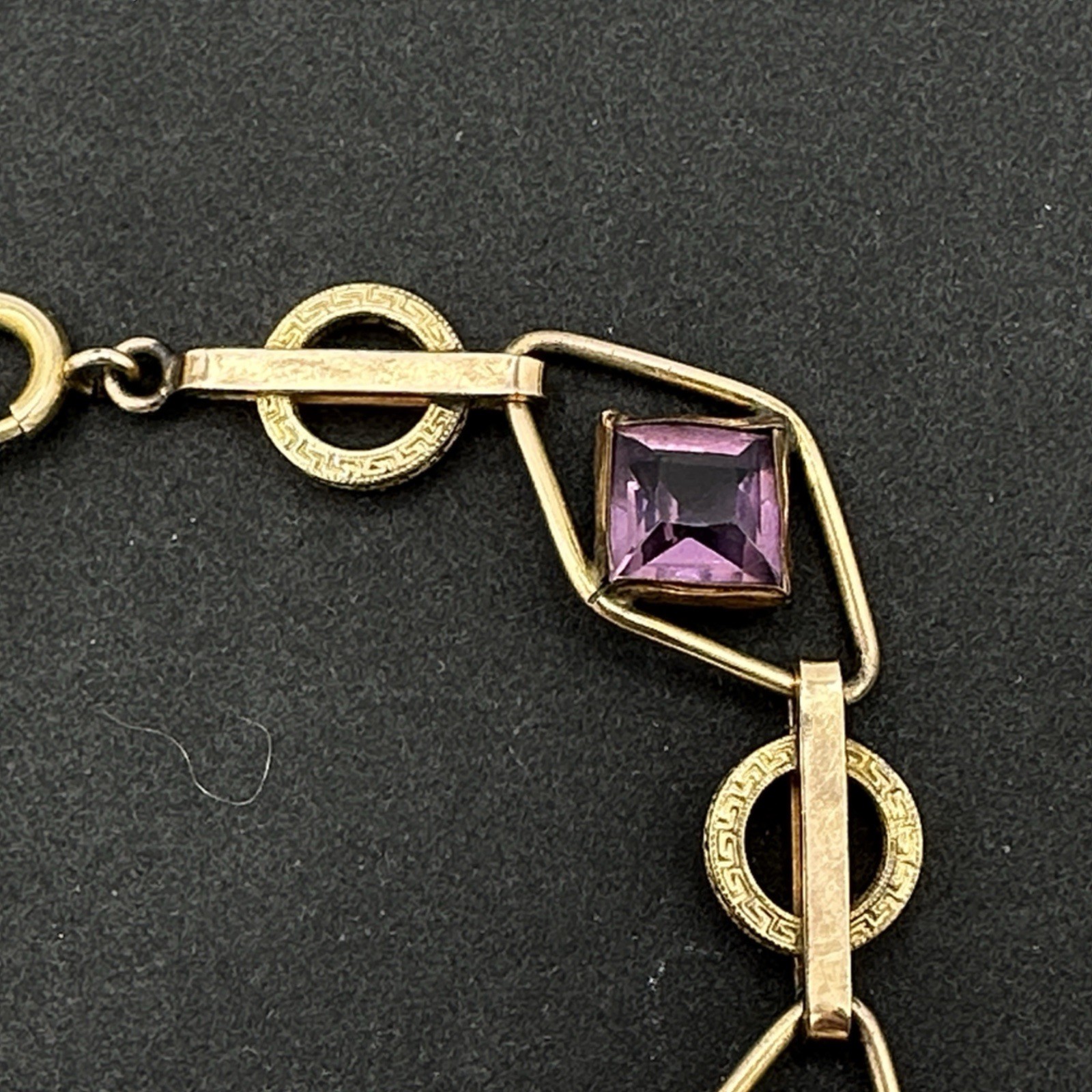 ART DECO 12K gold-filled bracelet – vintage purple amethyst glass embossed links