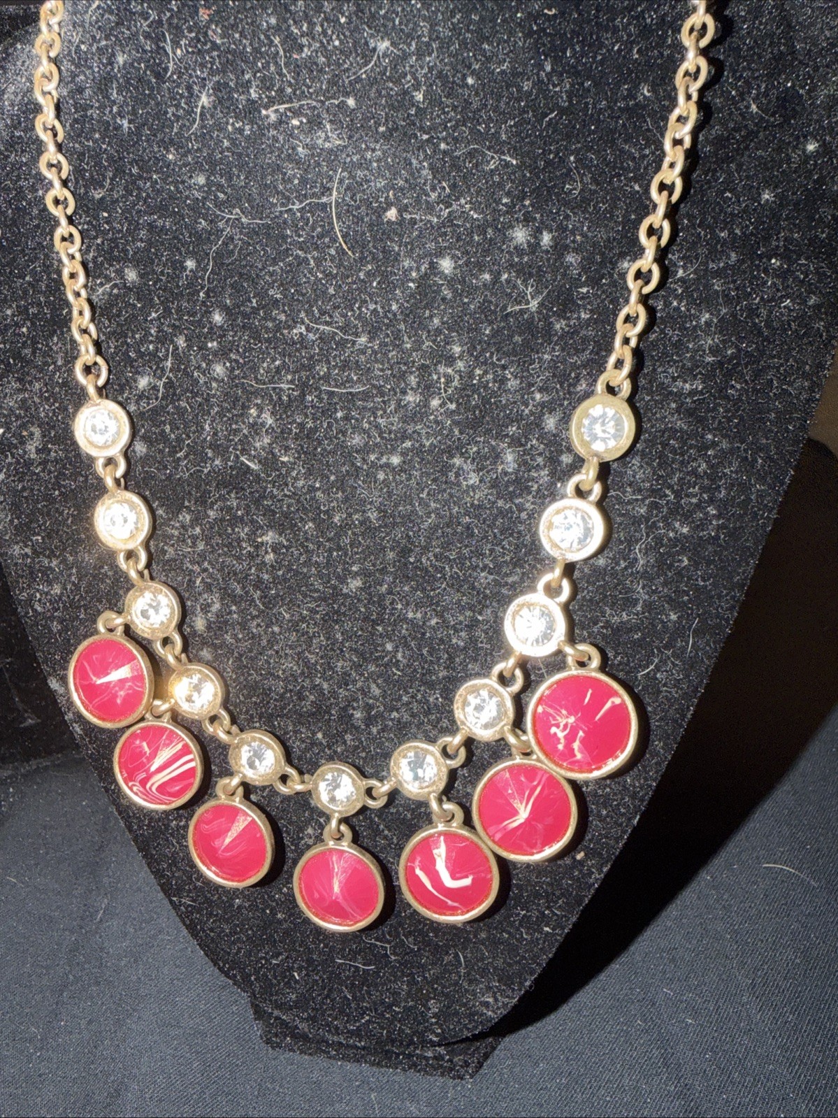Plunder Necklace Red Resin Stone and Rhinestone Necklace Gold Tone