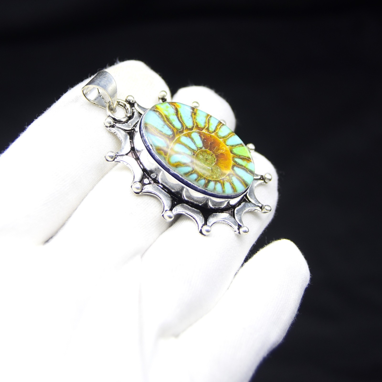 Ammonite Fossil Gemstone Pendant Handmade 925 Sterling Silver Jewelry Oval