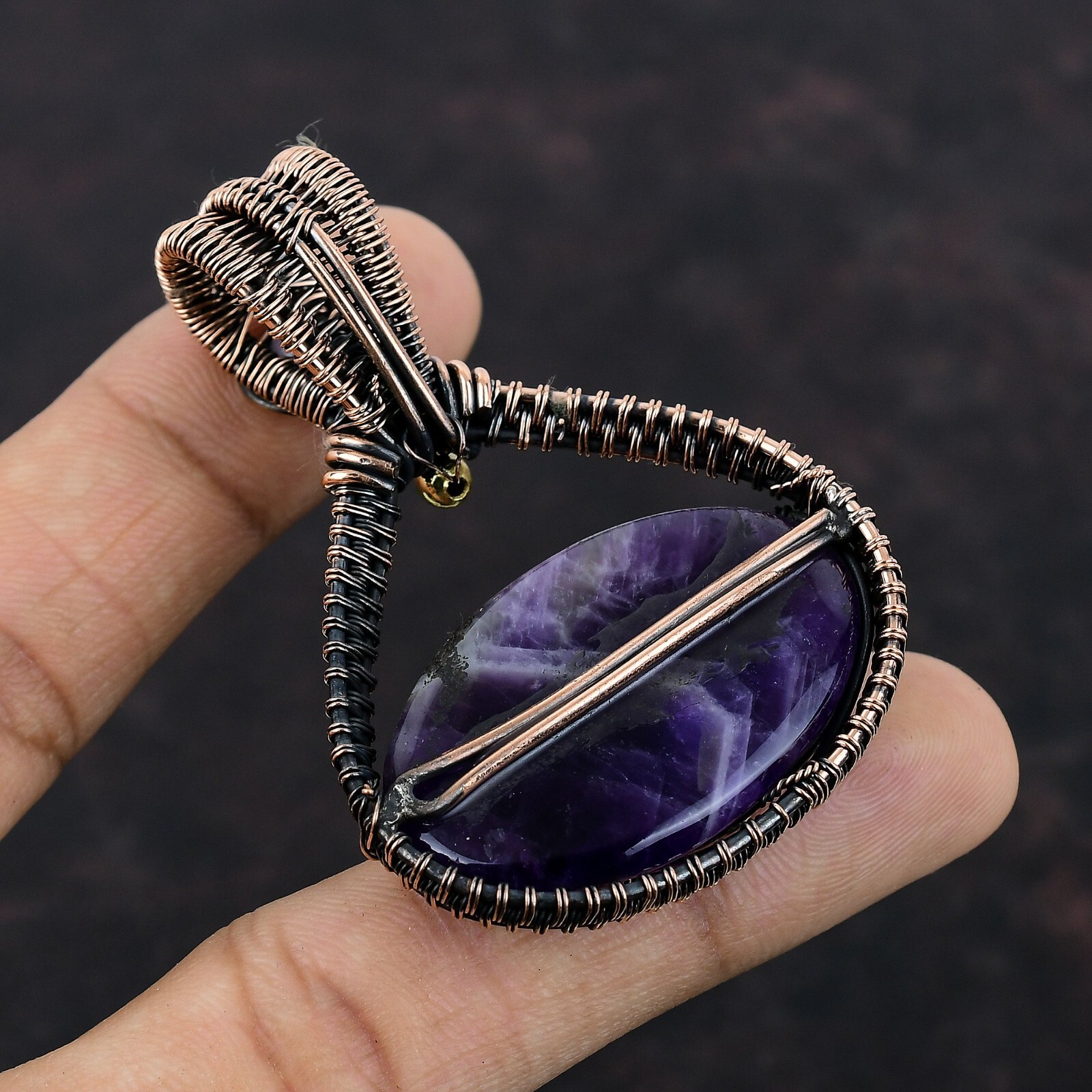 Chevron Amethyst Gemstone Jewelry Copper Love Gift Wire Wrapped Pendant 2.56″