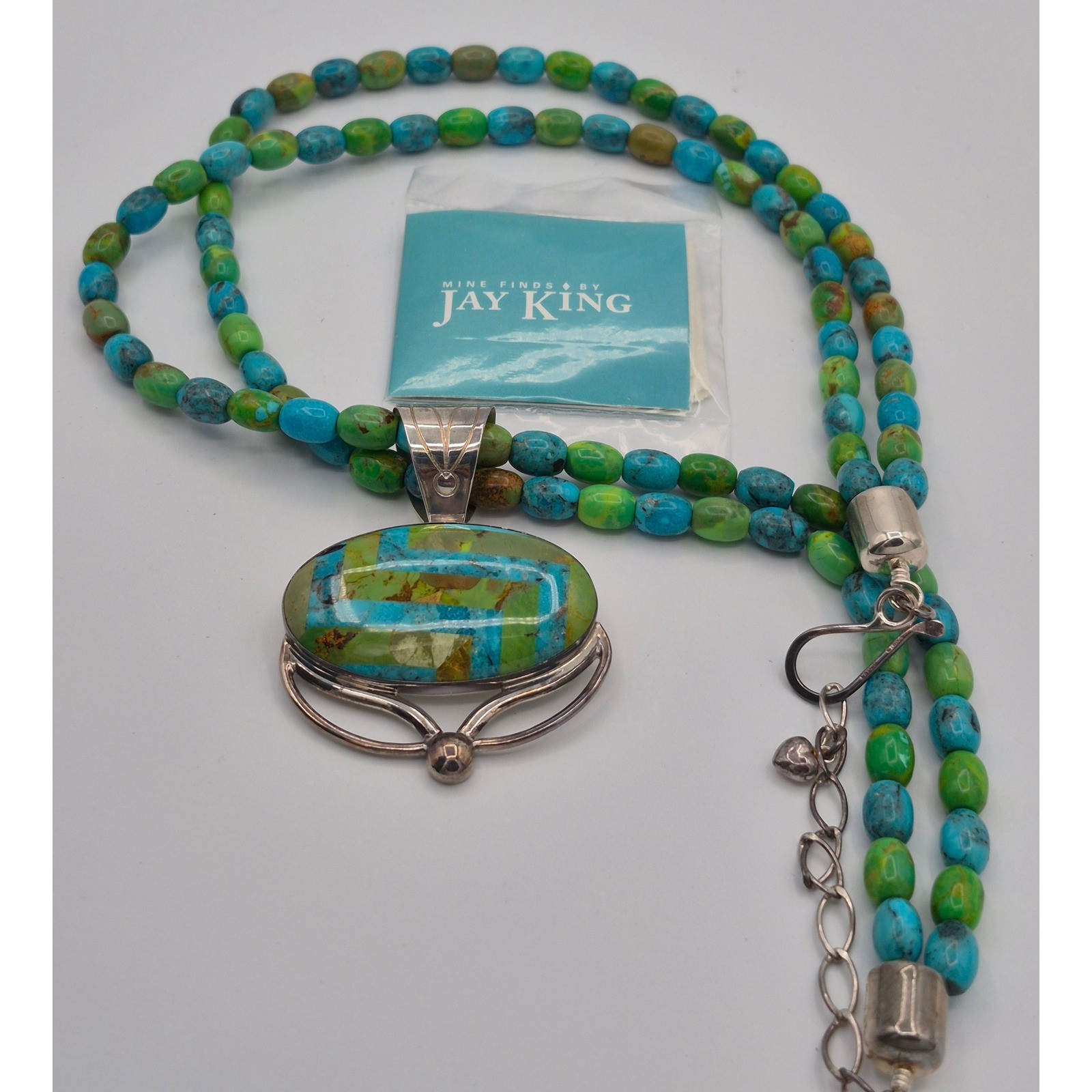 Vintage Jay King Necklace Turquoise Green Mojave Inlay Pendant Double Strand 925