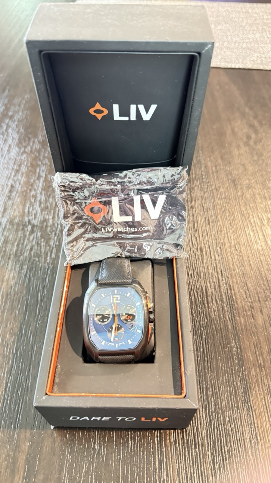 LIV Chronograph Quartz Wristwatch Blue Dial Leather Strap Men’s w/ Original Box