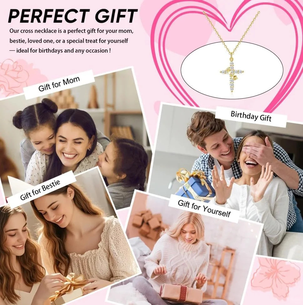 Gold Cross Necklace for Women Dainty 14K Gold Plated Diamond Cross Pendant