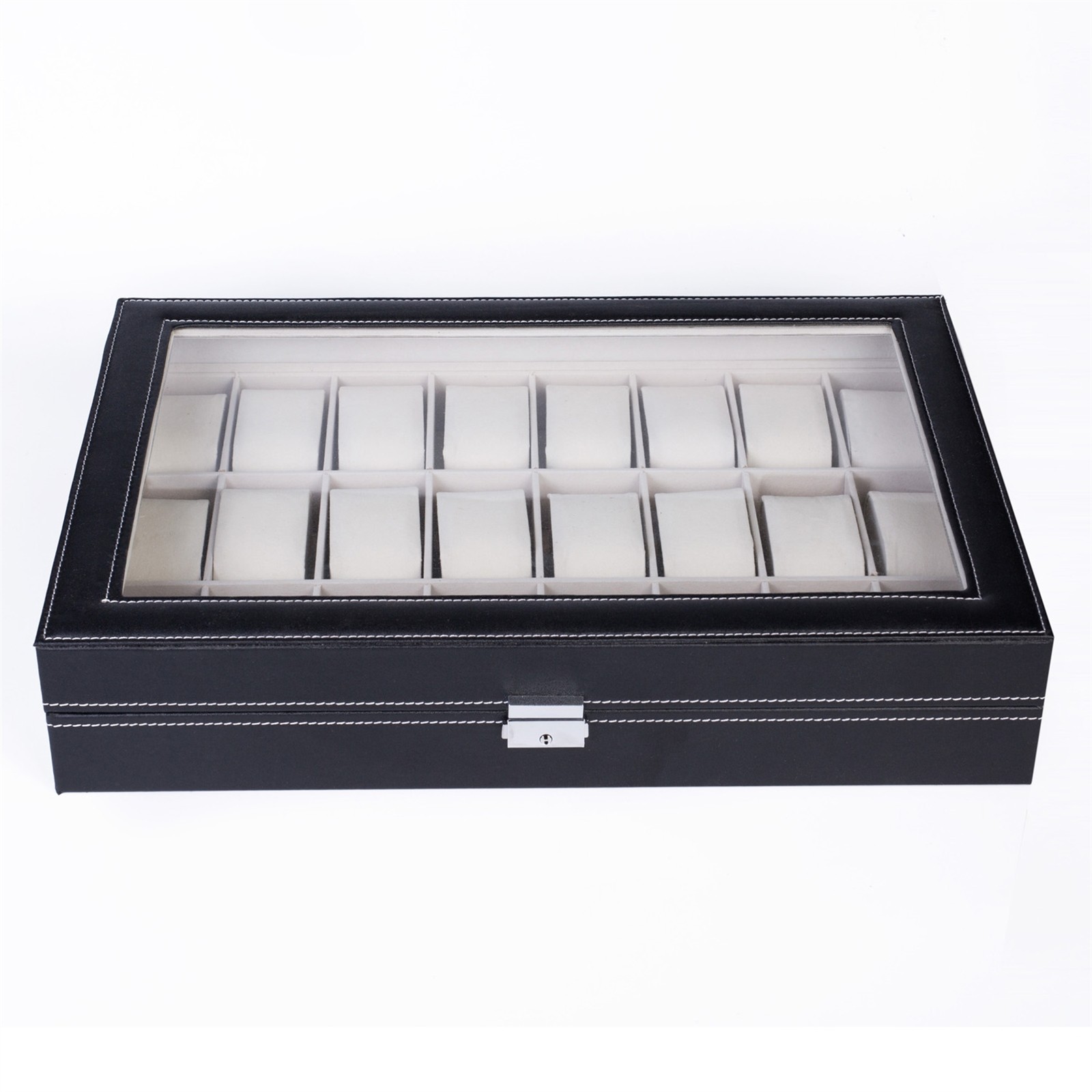 24 Compartments Top-level Opening Style Leather Watch Collection Box Black NEW
