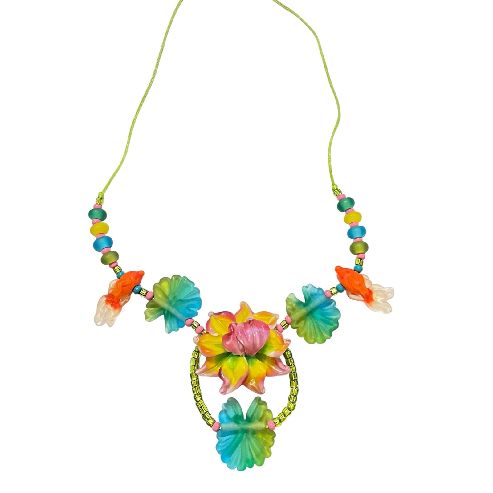 Handmade Lampwork Colorful Sculpted Koi Fish Lily Pad Flower Glass Bead Necklace