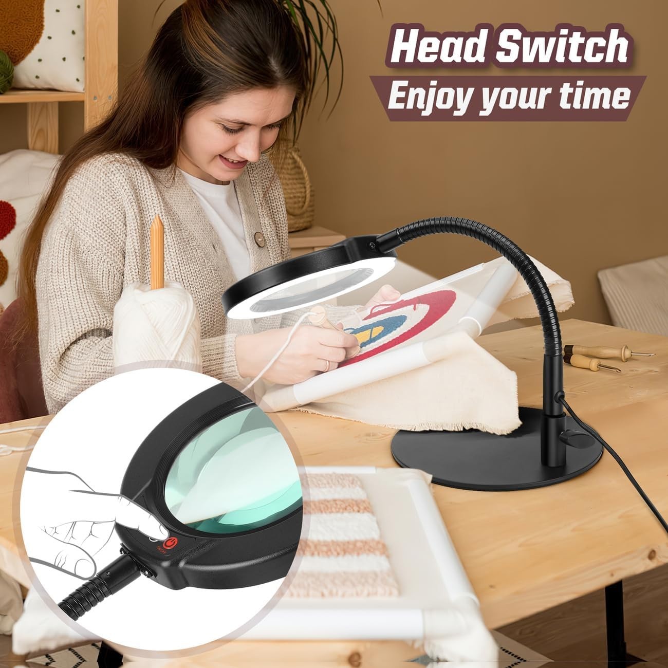 Precision 10X Magnifying Lamp with Goose-Neck & Stepless Dimming for Detail Work