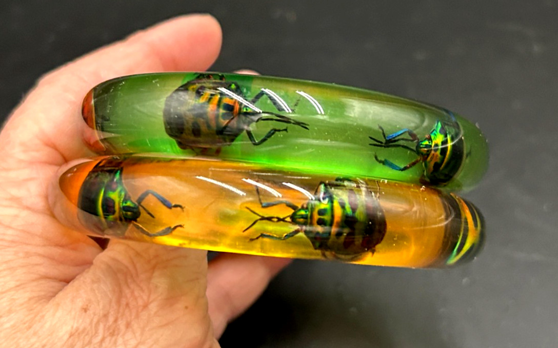 2 Vintage Resin Lucite Jewel Bettle Bangle Bracelets from Philippines Green Yell