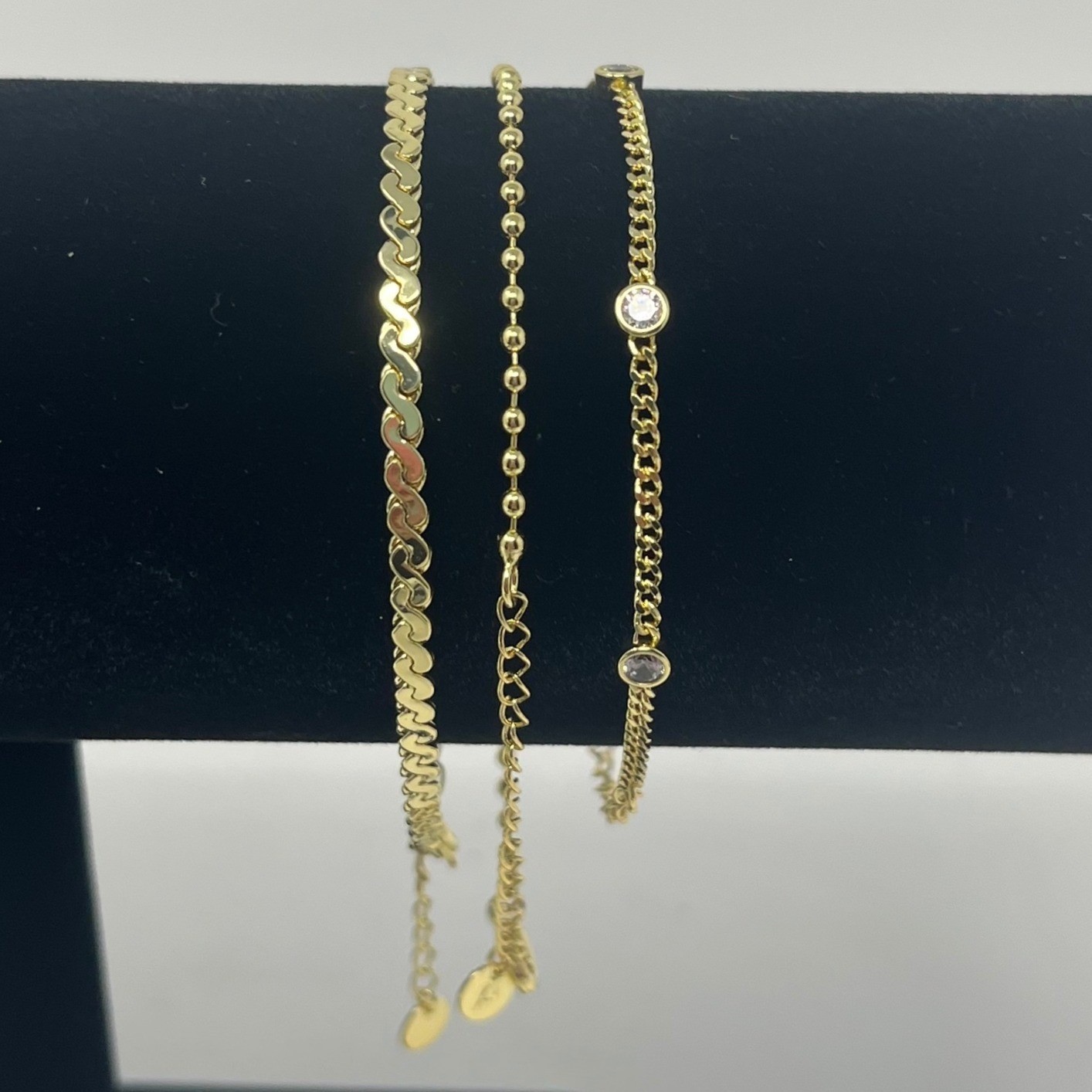 Pavoi Gold Tone Bracelet Set 3 Piece Layering Chains Cubic Zirconia Bezel